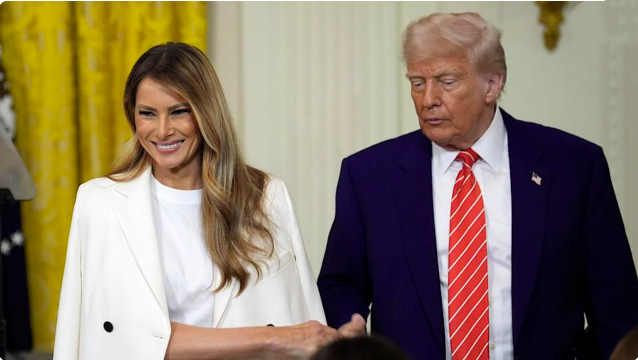 First lady Melania Trump at the White House with President Trump on Thursday, May 8, as she welcomed military moms, thanked them for all they do, and reminded them to "nurture" themselves.