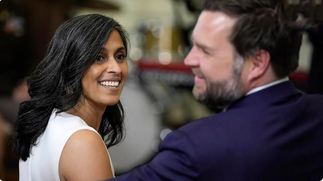 Second lady Usha Vance and Vice President JD Vance in the East Room at the White House in Washington, D.C., on May 8, 2025.